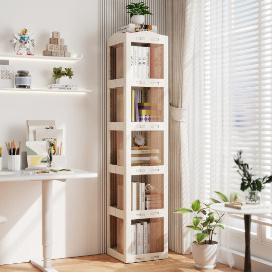 5-Tier Foldable Rotating Bookshelf 360? Spinning Bookcase with Swivel Base-White