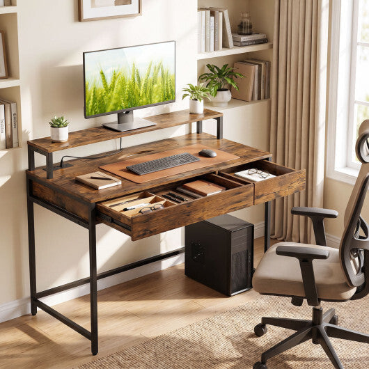 Compact Office Desk with Removable Monitor Shelf and Dual-use Drawer-White