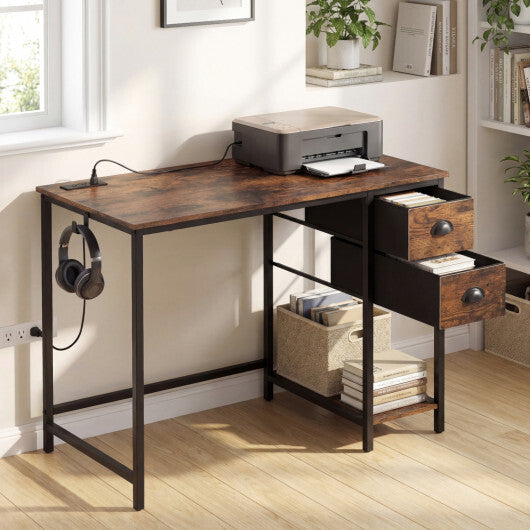 Computer Desk with Charging Station and 2 Fabric Drawers for Small Spaces-Rustic Brown