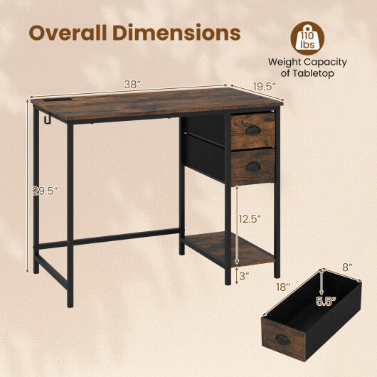 Computer Desk with Charging Station and 2 Fabric Drawers for Small Spaces-Rustic Brown