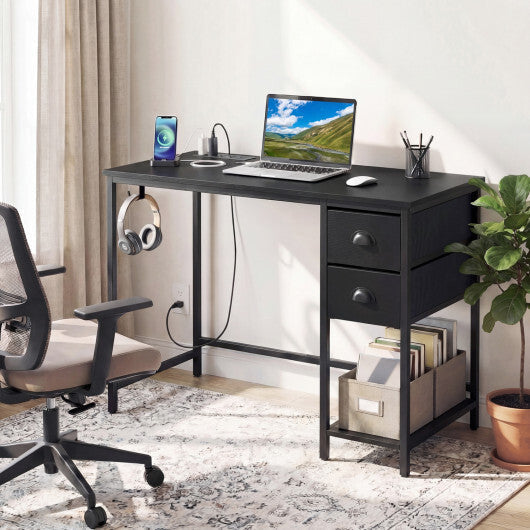 Computer Desk with Charging Station and 2 Fabric Drawers for Small Spaces-Rustic Brown