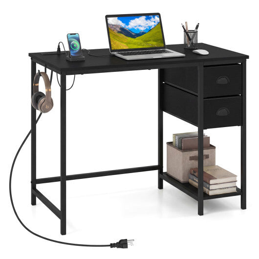Computer Desk with Charging Station and 2 Fabric Drawers for Small Spaces-Rustic Brown
