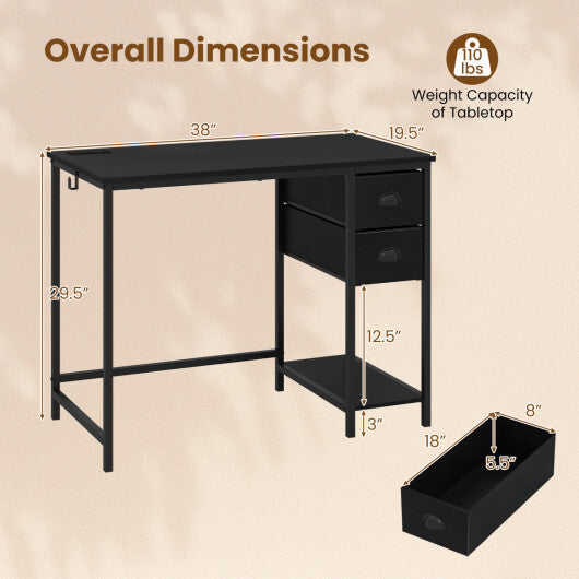 Computer Desk with Charging Station and 2 Fabric Drawers for Small Spaces-Rustic Brown