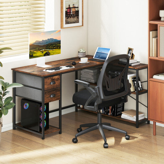 L Shaped Desk with Charging Station Corner Computer Desk with 2 Fabric Drawers-Rustic Brown