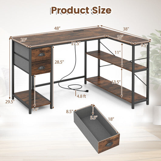 L Shaped Desk with Charging Station Corner Computer Desk with 2 Fabric Drawers-Rustic Brown