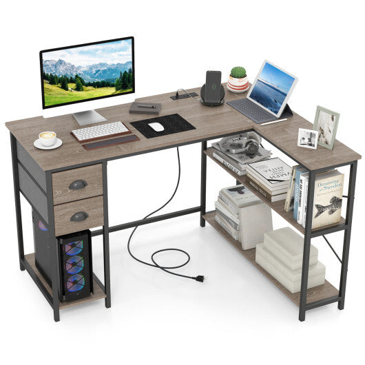 L Shaped Desk with Charging Station Corner Computer Desk with 2 Fabric Drawers-Rustic Brown