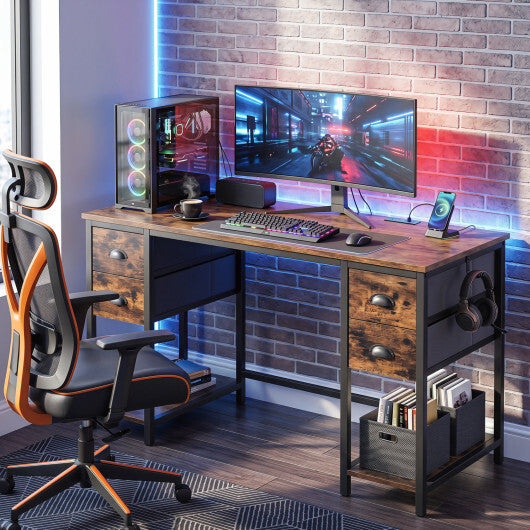48 Inches Computer Desk with Power Outlet Home Office Desk with 4 Fabric Drawers-Brown