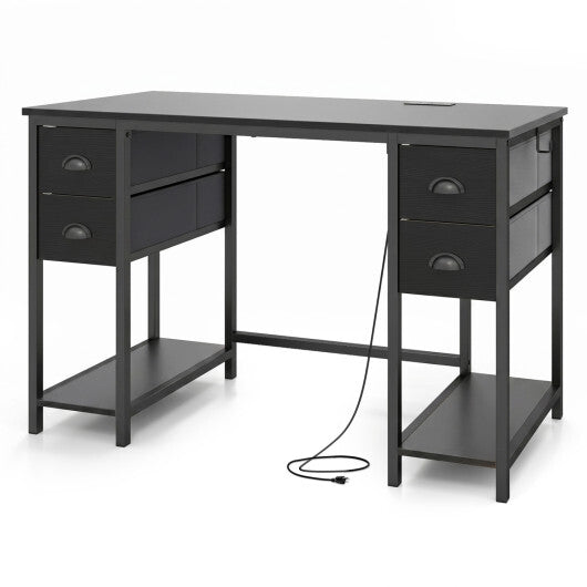 48 Inches Computer Desk with Power Outlet Home Office Desk with 4 Fabric Drawers-Brown