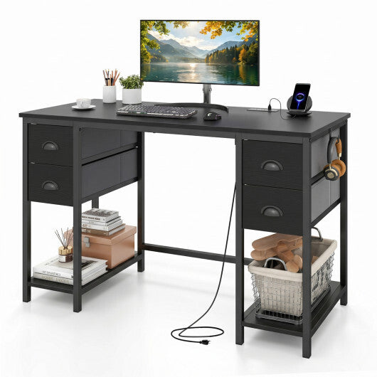 48 Inches Computer Desk with Power Outlet Home Office Desk with 4 Fabric Drawers-Brown