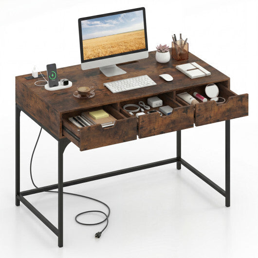 Office Desk with Power Outlets and Hidden Compartment for Study-White