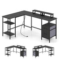 L Shaped Desk with Power Outlet Reversible Computer Desk with Monitor Stands-Black