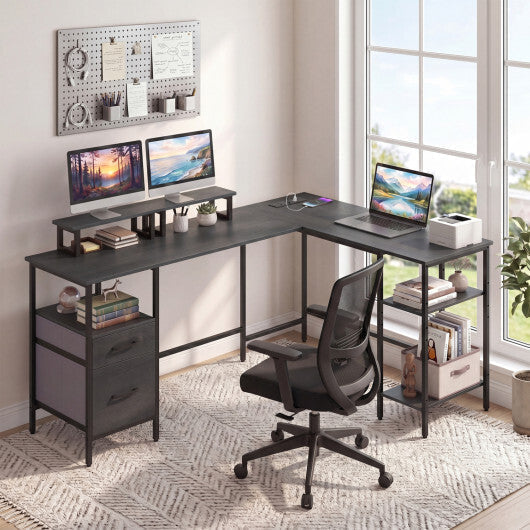 L Shaped Desk with Power Outlet Reversible Computer Desk with Monitor Stands-Black