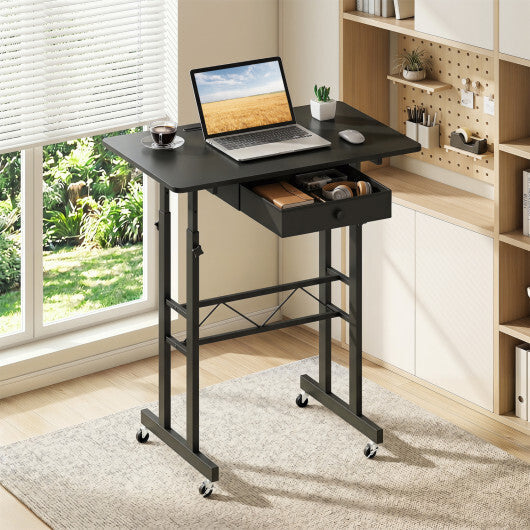 Height Adjustable Laptop Desk with Fabric Drawer Tablet Holder and Lockable Wheels-Rustic Brown