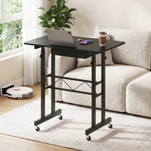 Height Adjustable Laptop Desk with Fabric Drawer Tablet Holder and Lockable Wheels-Rustic Brown