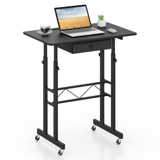 Height Adjustable Laptop Desk with Fabric Drawer Tablet Holder and Lockable Wheels-Rustic Brown