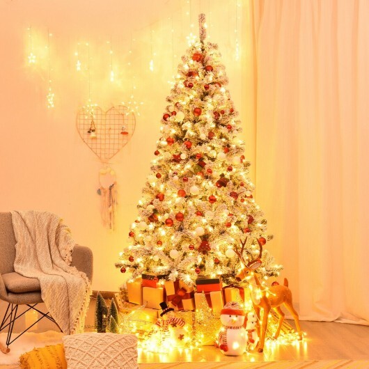 Pre-Lit Premium Snow Flocked Hinged Artificial Christmas Tree-6 ft