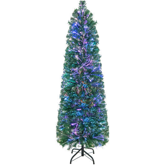 5/6/7/8 FT Pre-Lit Christmas Pencil Tree with Colorful Fiber Optics Green-8 ft