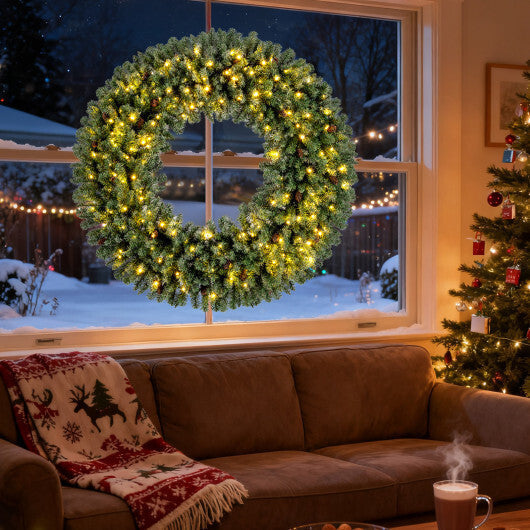 60 Inch Pre-Lit Artificial Christmas Wreath 200 LED Warm White Lights-1 Piece