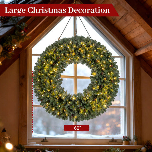 60 Inch Pre-Lit Artificial Christmas Wreath 200 LED Warm White Lights-1 Piece