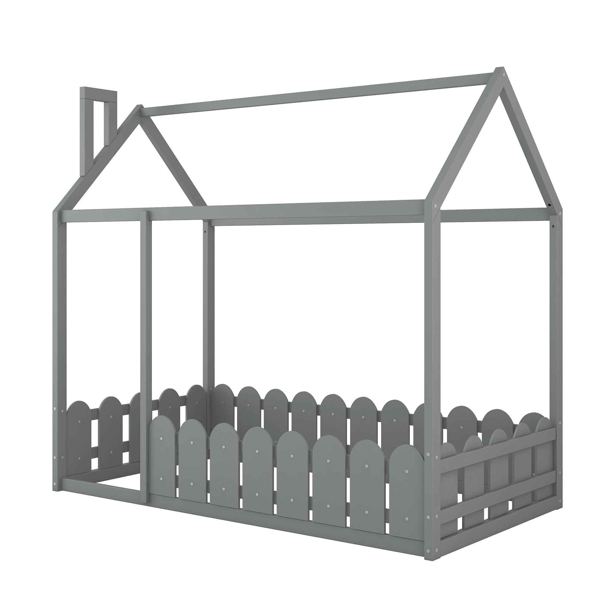 {Slats are not included}Twin Size Wood Bed House Bed Frame with Fence for Kids Teens Girls Boys {Gray}