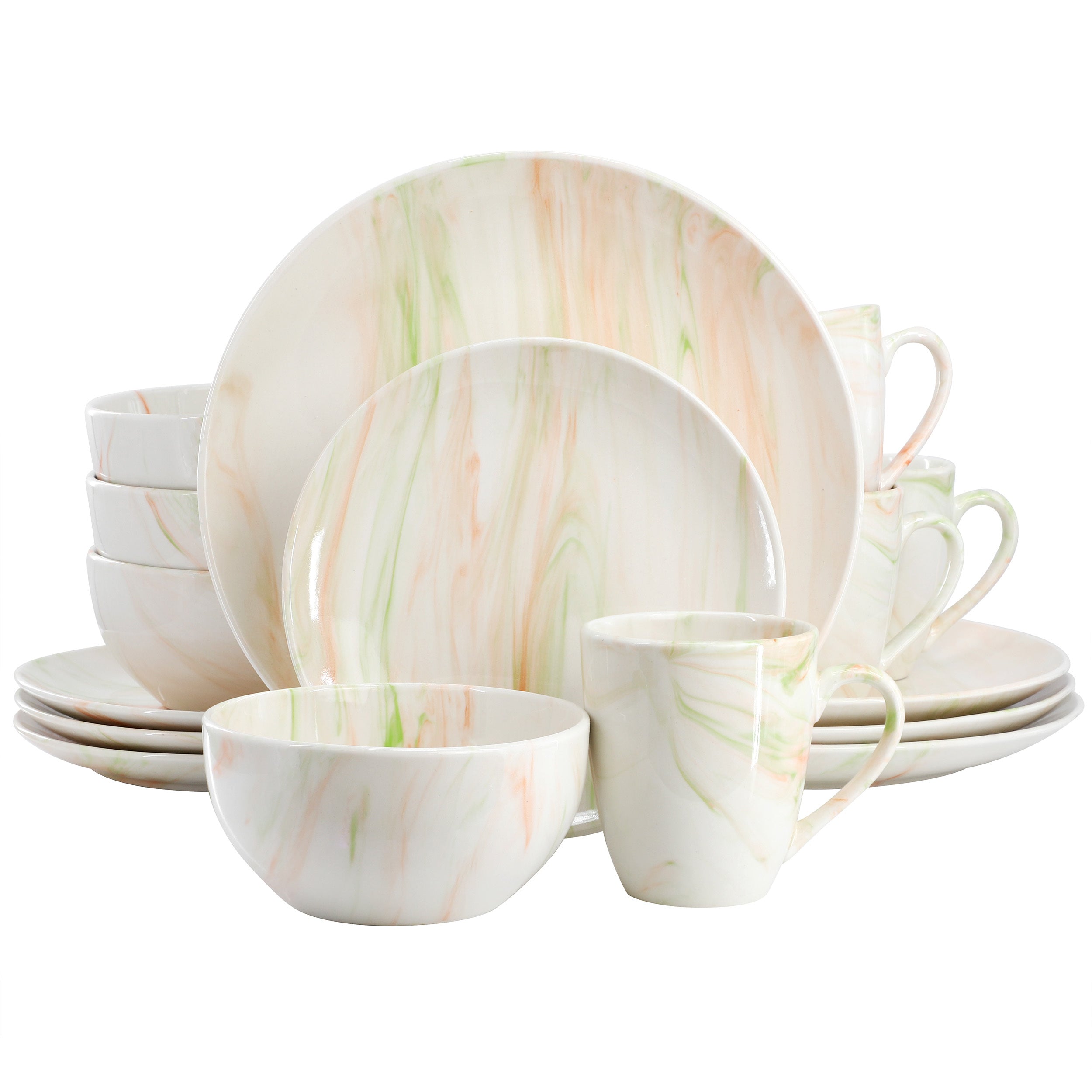 Elama Fine Marble 16 Piece Porcelain Dinnerware Set in Orange and Green