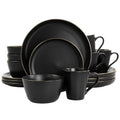 Elama Paul 16 Piece Stoneware Dinnerware Set in Matte Black with Gold Rim