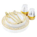 Elama 150 Piece Disposable Plastic Dinnerware Party Set for 25 Guests in White with Gold Decal Trim