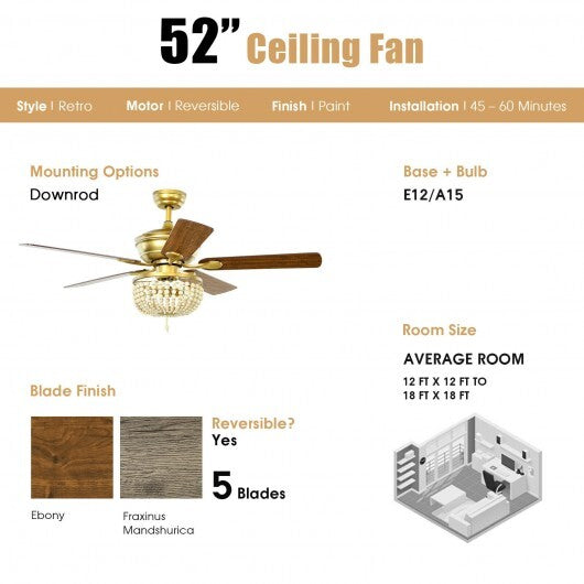 52 Inch Retro Ceiling Fan Light with Reversible Blades Remote Control-Black