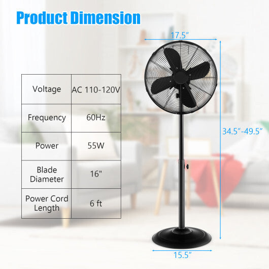 16 Inch Pedestal Standing Fan Oscillating Pedestal Fan with 3 Speeds and Adjustable Height-Black