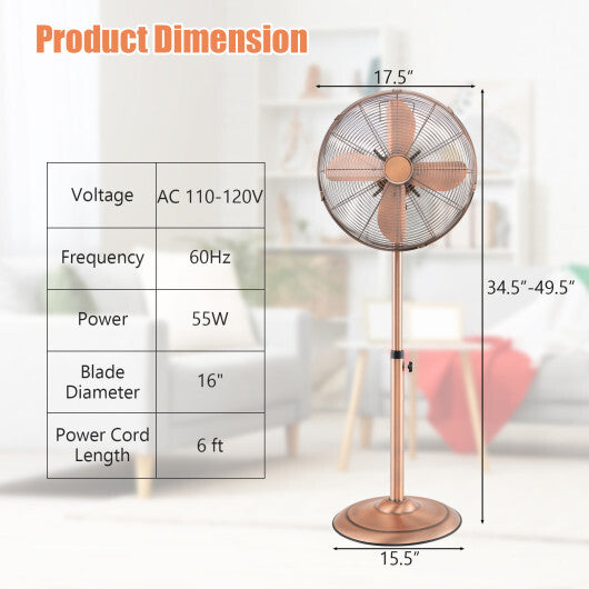 16 Inch Pedestal Standing Fan Oscillating Pedestal Fan with 3 Speeds and Adjustable Height-Black