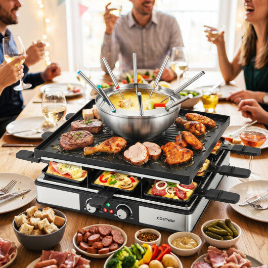 BBQ Grill with Fondue Pot Set and Adjustable Thermostats for 8 People