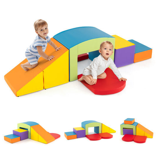 6 Pieces Foam Climbing Blocks Soft Play Climbing for Toddlers with Tunnel-Beige