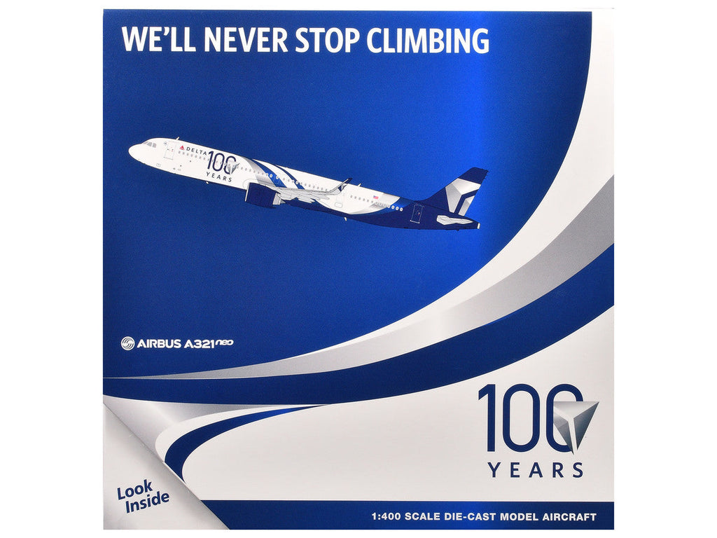 Airbus A321neo Commercial Aircraft "Delta Air Lines 100 Years" (N589DT) White and Blue with Stripes 1/400 Diecast Model Airplane by GeminiJets