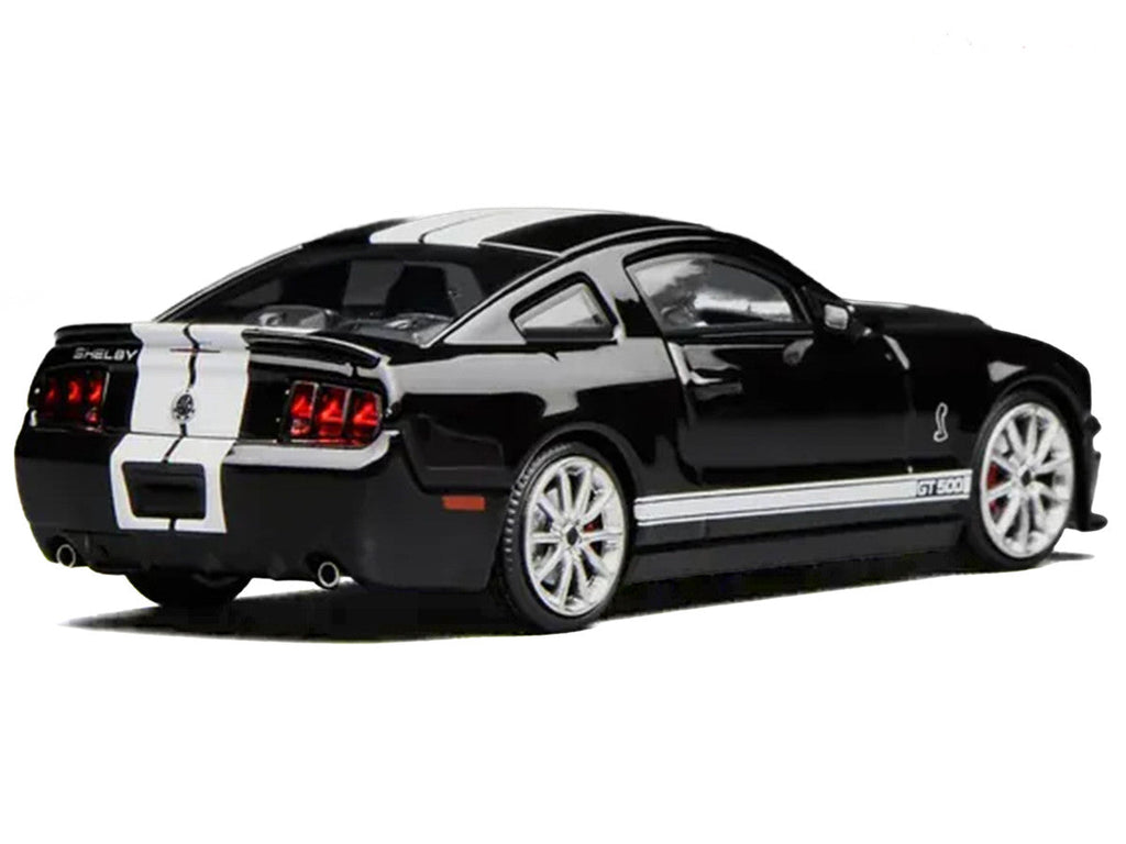 2007 Ford Mustang Shelby GT500 Ebony Black with White Stripes 1/64 Diecast Model Car by MotorHelix & Greenlight