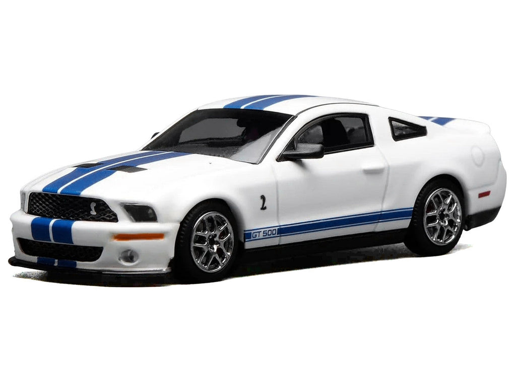 2007 Ford Mustang Shelby GT500 Performance White with Blue Stripes 1/64 Diecast Model Car by MotorHelix & Greenlight