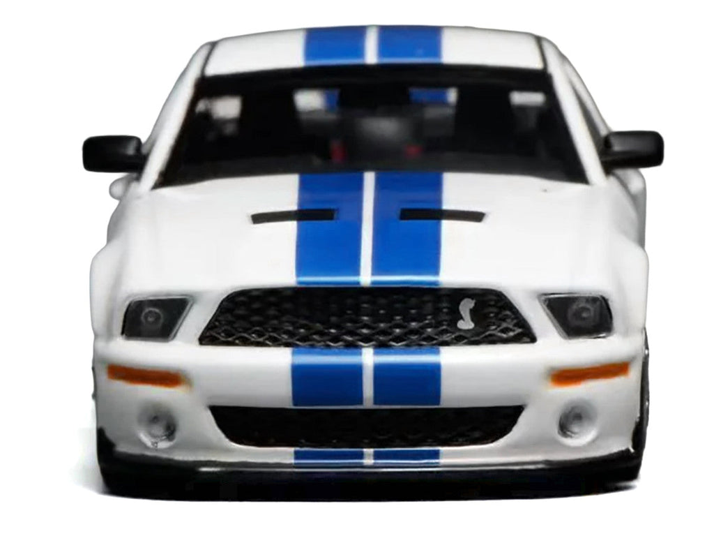 2007 Ford Mustang Shelby GT500 Performance White with Blue Stripes 1/64 Diecast Model Car by MotorHelix & Greenlight