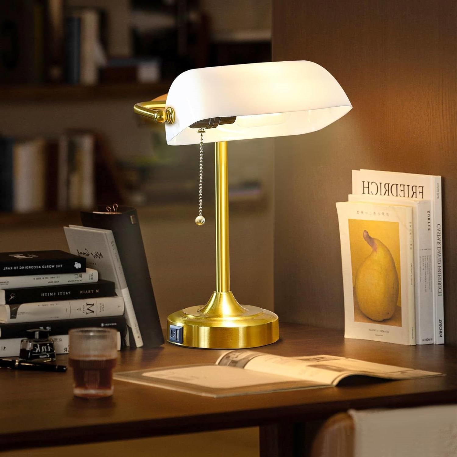 Vintage USB Bankers Lamp Desk Light with Gold Base and White Shade