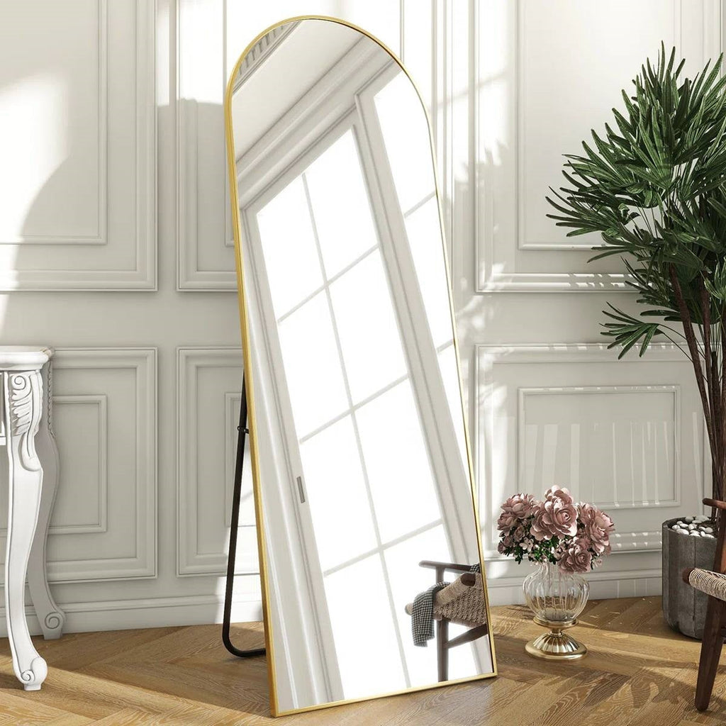 Gold 58-inch Full Length Arched Floor Mirror with Stand and Wall Hanging Screws