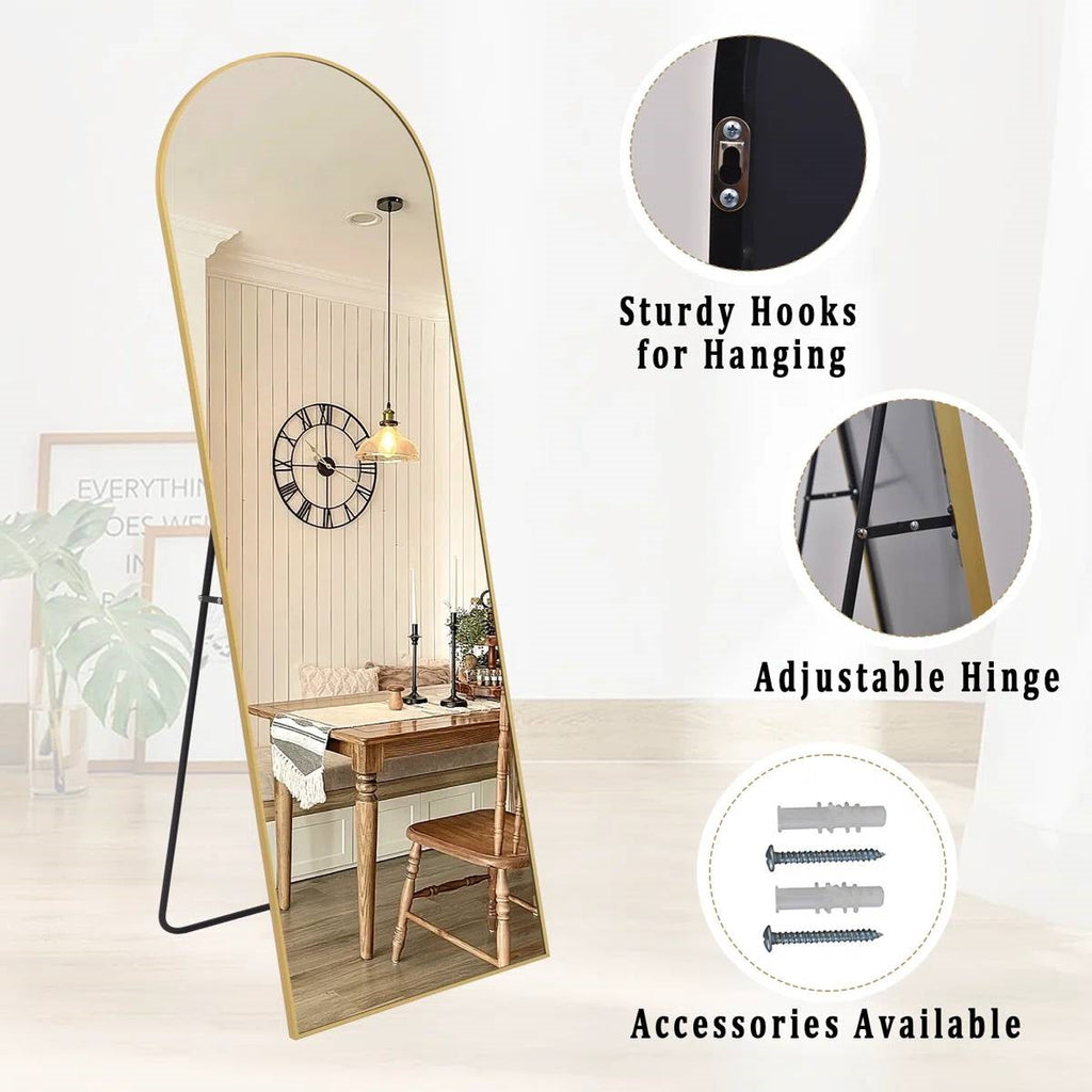 Gold 58-inch Full Length Arched Floor Mirror with Stand and Wall Hanging Screws