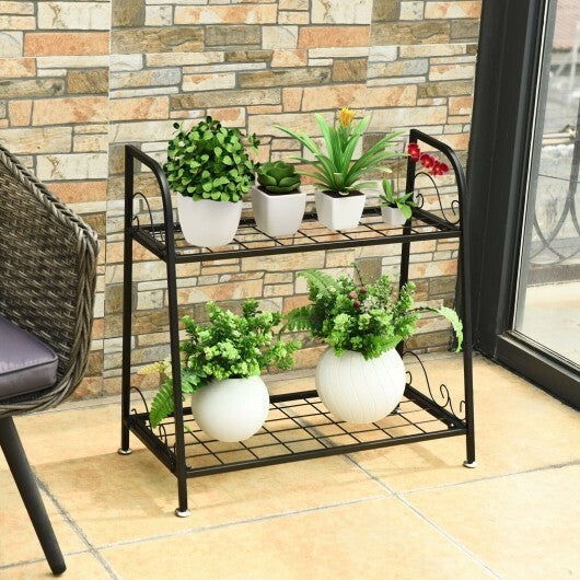 2-tier Patio Metal Plant Stand - Color: Black - Size: 2-Tier