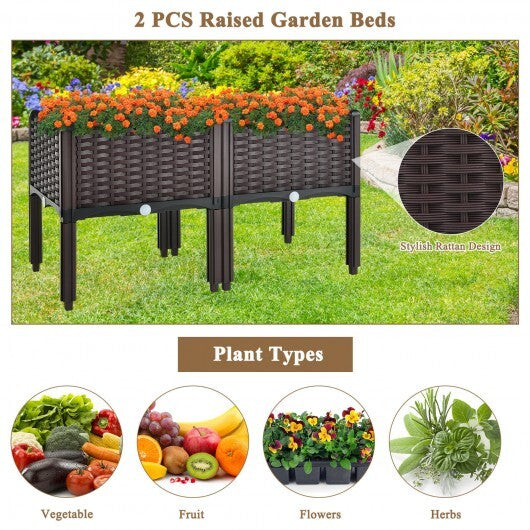 2 Set Elevated Plastic Raised Garden Bed Planter Kit for Flower Vegetable Grow-Brown - Color: Brown