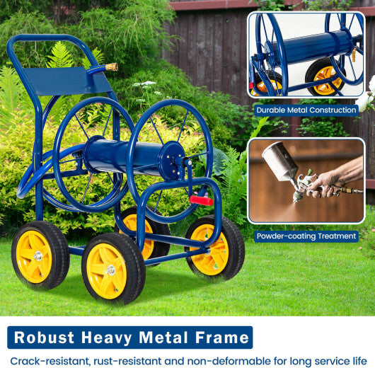 Garden Hose Reel Cart 4 Wheels Heavy-Duty Metal Water Hose Organizer Portable-Blue