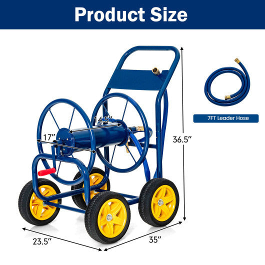 Garden Hose Reel Cart 4 Wheels Heavy-Duty Metal Water Hose Organizer Portable-Blue