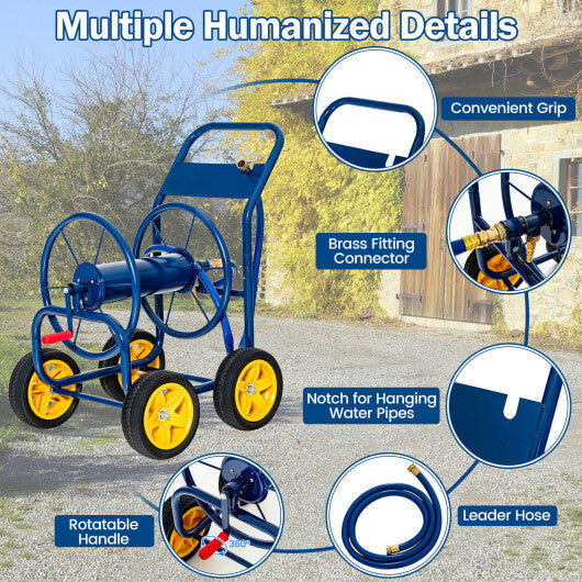 Garden Hose Reel Cart 4 Wheels Heavy-Duty Metal Water Hose Organizer Portable-Blue