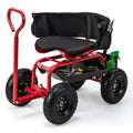 Cushioned Rolling Garden Cart Scooter with Storage Basket and Tool Pouch-Black & Red