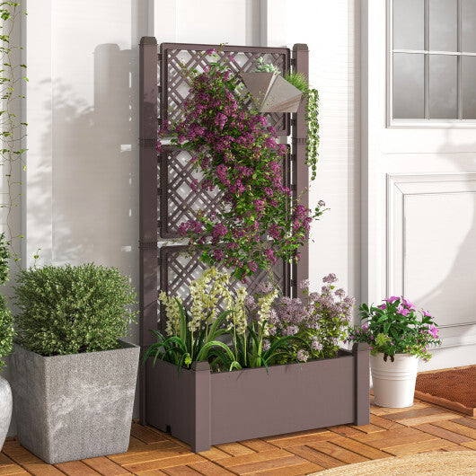 Outdoor Planter Box Self-Watering Raised Garden Bed Trellis with Water Level Indicator-Greyish-white