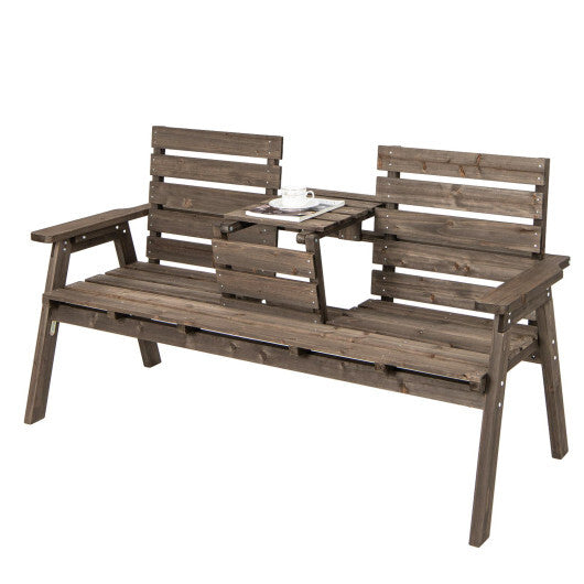 Outdoor Fir Wood Bench with Foldable Middle Table-Natural