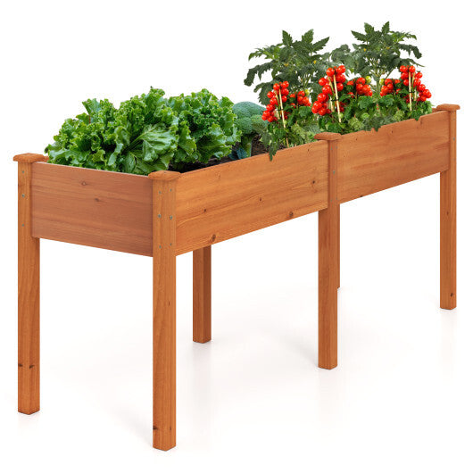 Fir Wood Outdoor Raised Garden Bed with Divider Panel and Drainage Holes-Yellow