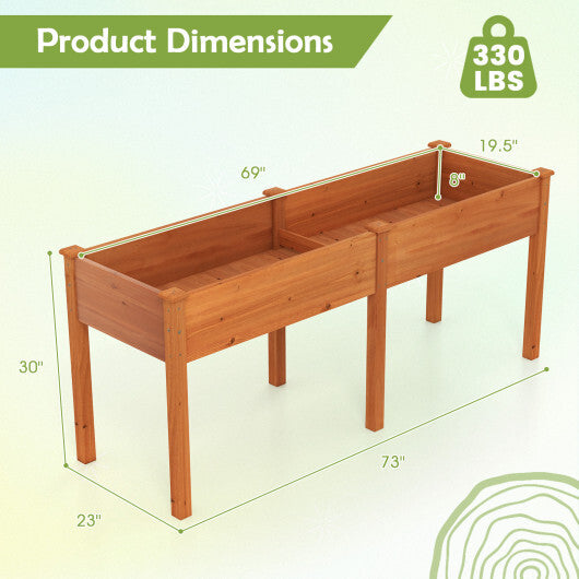 Fir Wood Outdoor Raised Garden Bed with Divider Panel and Drainage Holes-Yellow
