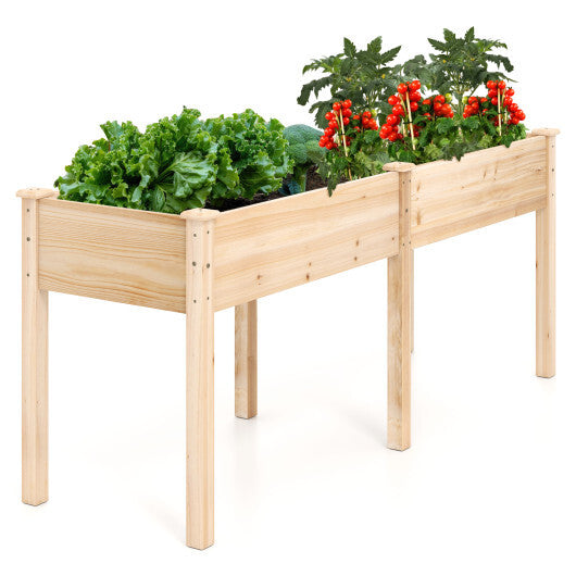 Fir Wood Outdoor Raised Garden Bed with Divider Panel and Drainage Holes-Yellow